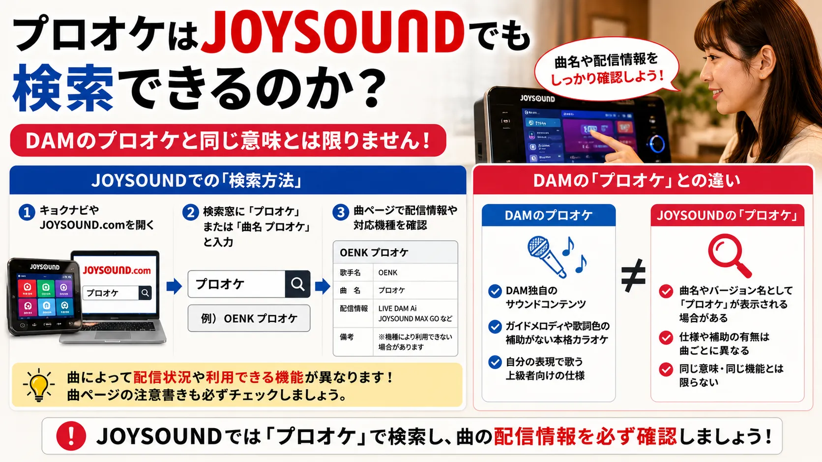 JOYSOUNDでプロオケと検索したときの注意点を確認するイメージ