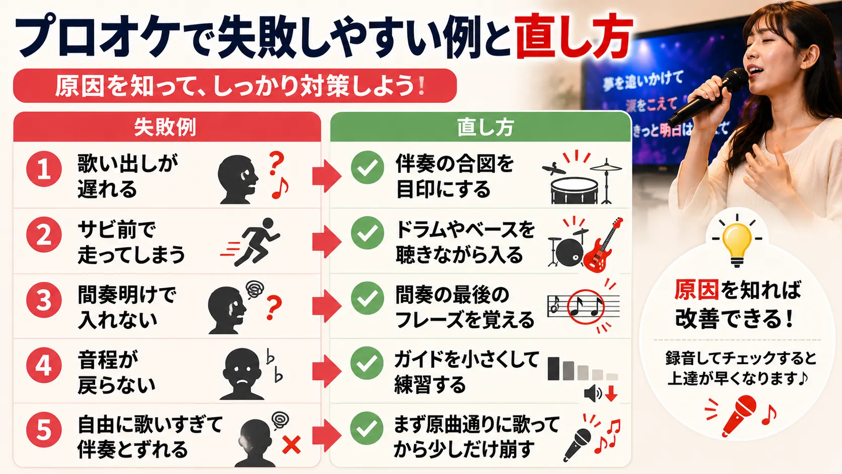 プロオケで失敗しやすい原因と直し方を確認するイメージ