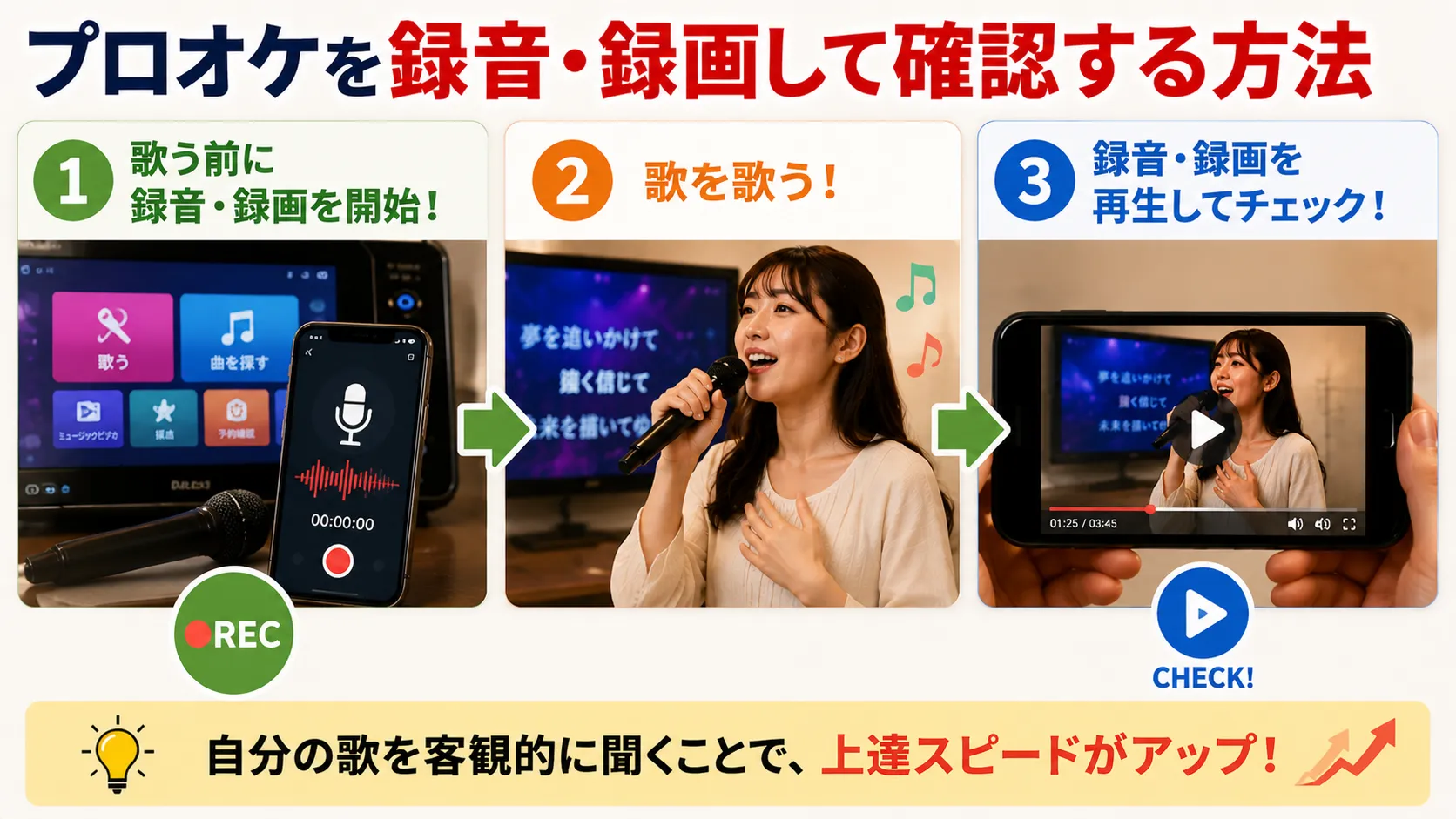 プロオケを録音して歌い方を確認するイメージ