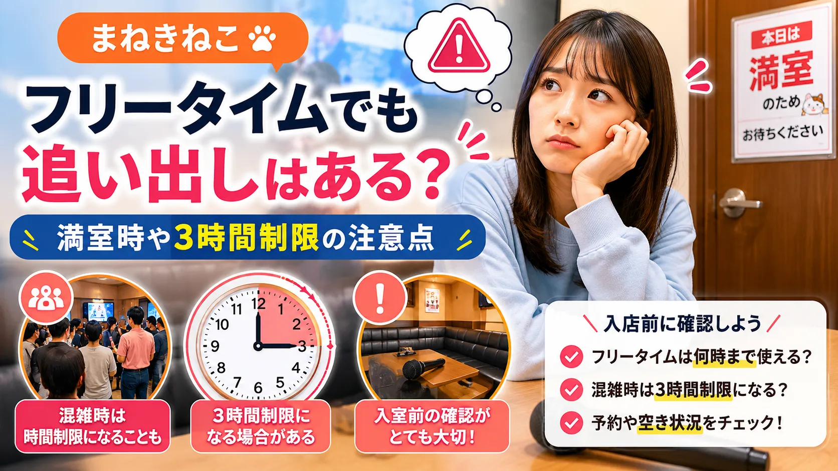 まねきねこのフリータイムで満室時や3時間制限に注意するポイント