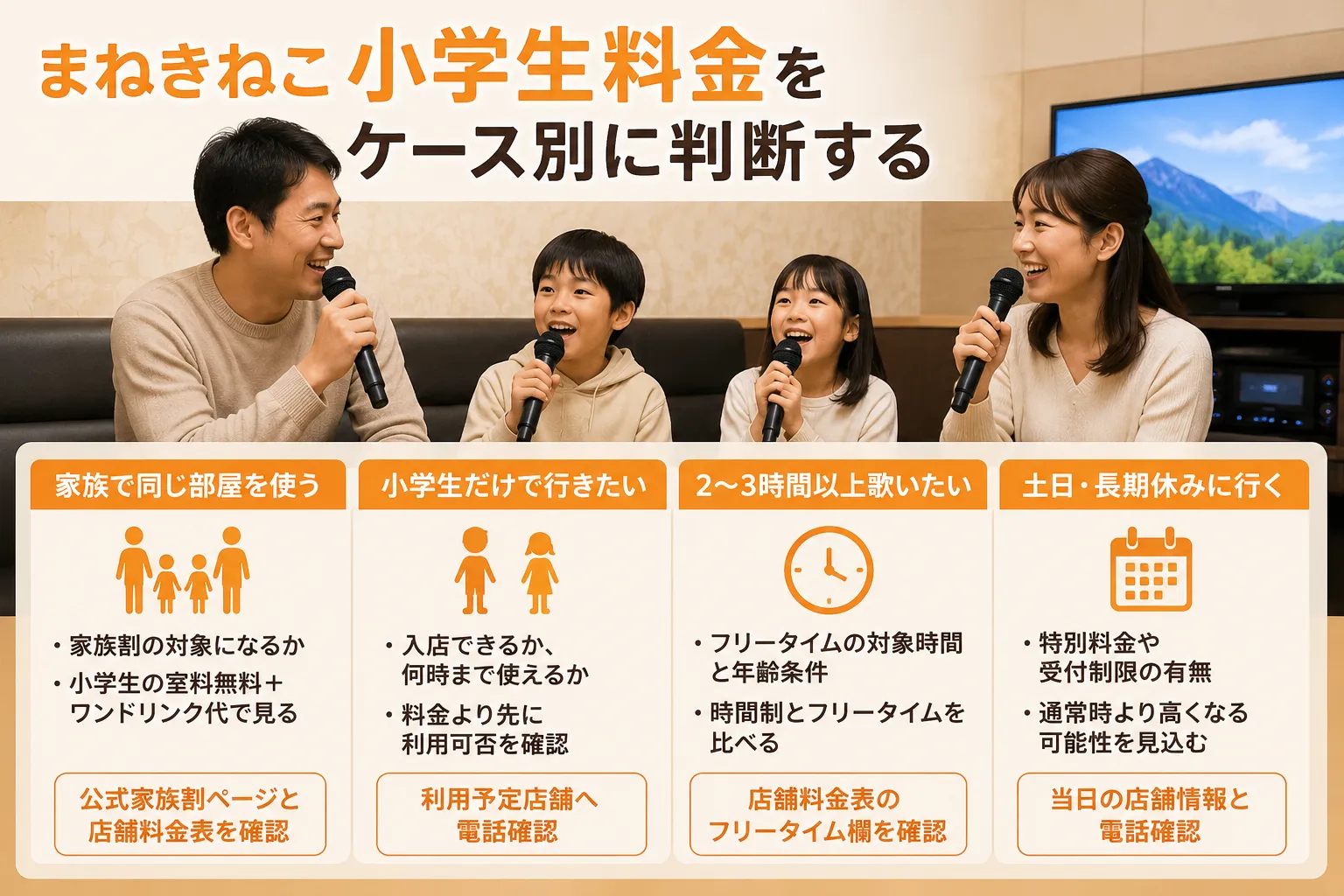 小学生料金を家族利用・小学生だけ・長時間利用・土日利用のケース別に確認しているイメージ画像