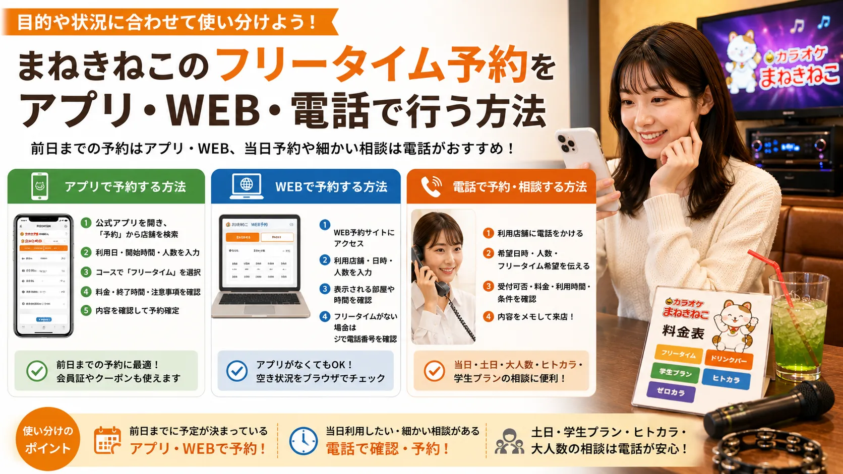 まねきねこのフリータイム予約をアプリWEB電話で行う方法