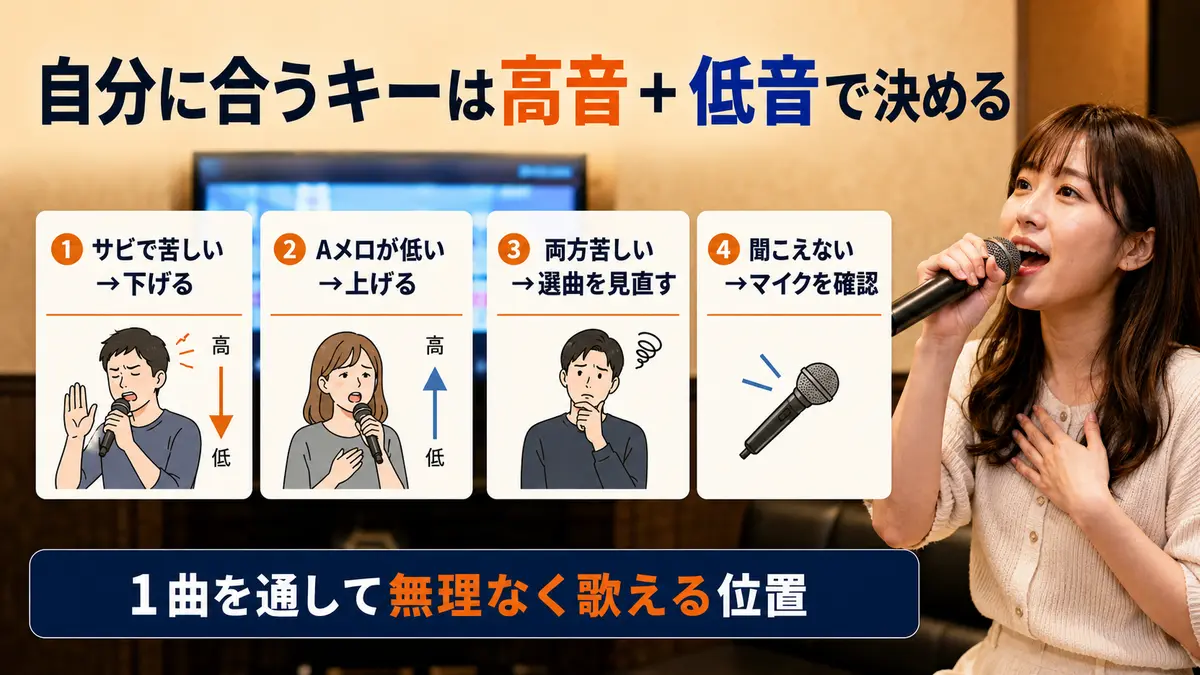 高音と低音の両方から自分に合うカラオケキーを決める