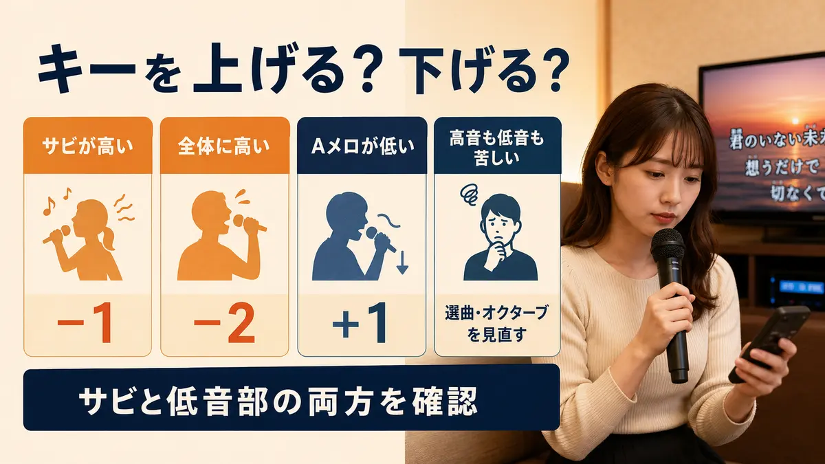 高音と低音の症状からキーを上げるか下げるか判断する表