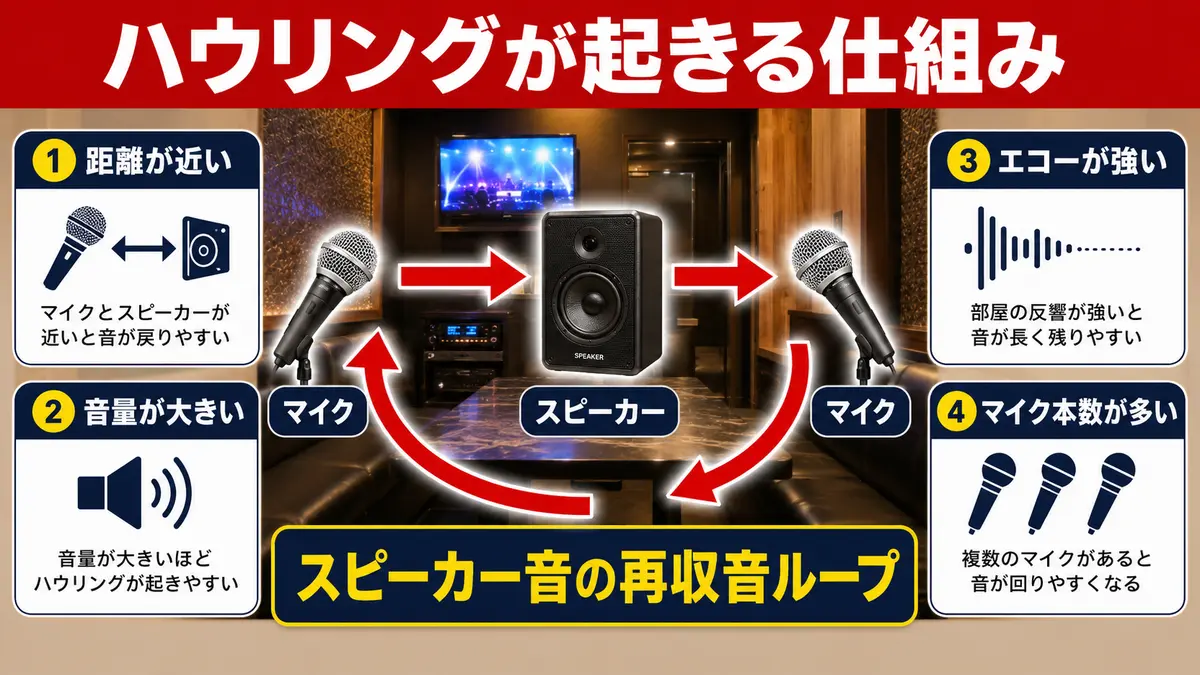 スピーカーとマイクの音がループしてハウリングが起きる仕組み