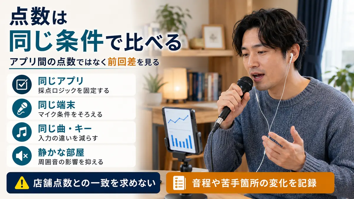 採点アプリの点数を同じアプリ・端末・曲・部屋で比較する方法