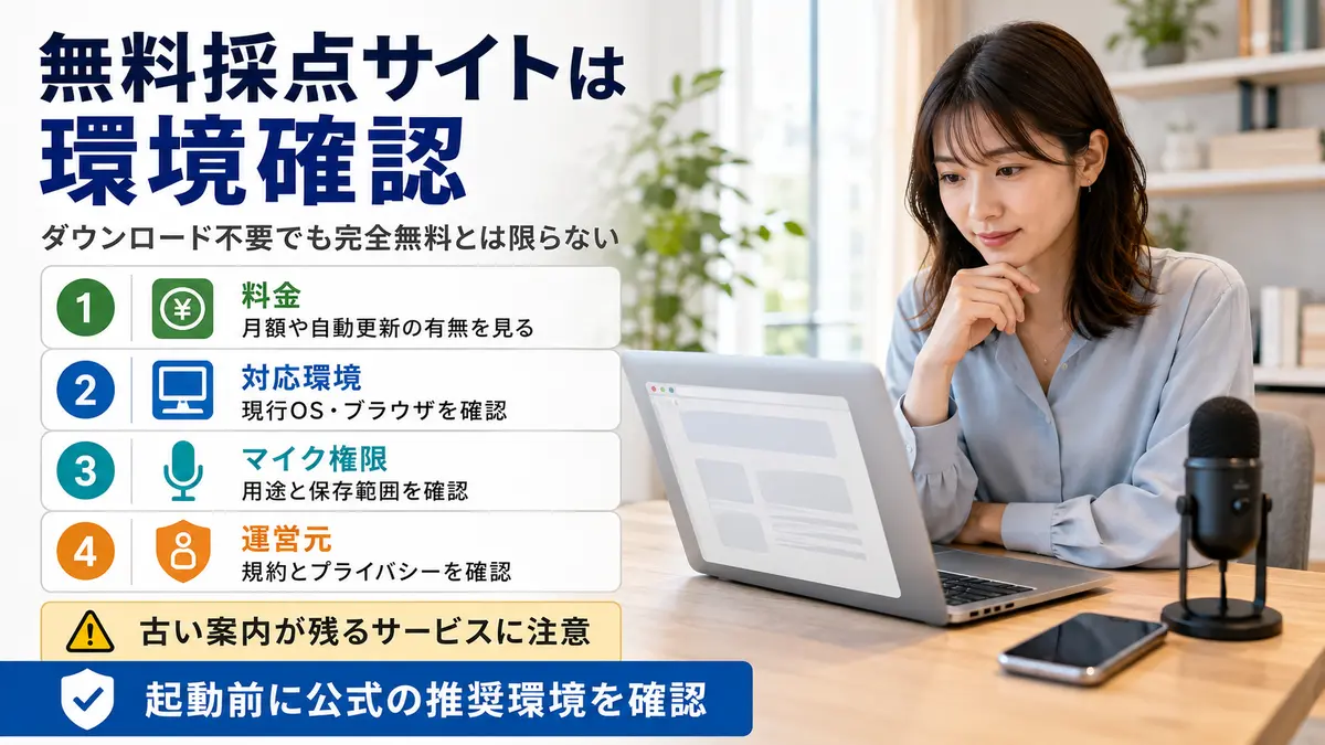 無料カラオケ採点サイトの料金・対応環境・マイク権限・運営元の確認項目