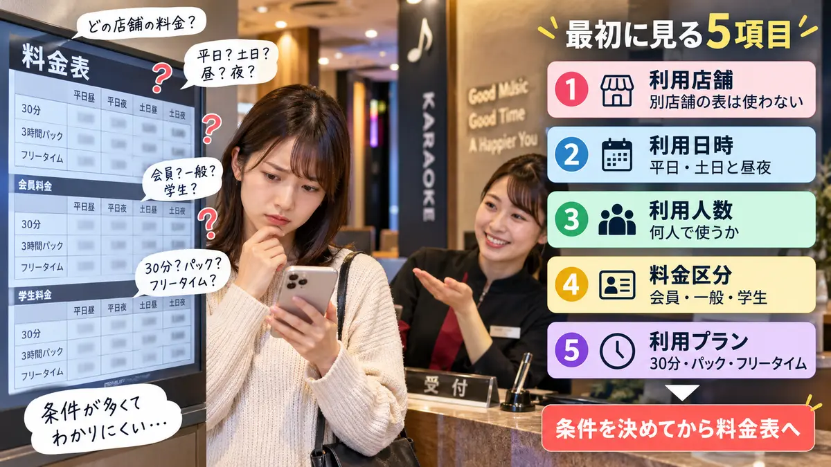 カラオケ館の料金表を店舗・時間・人数・プランの順に確認するイメージ