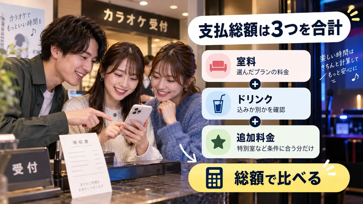 室料とドリンク、追加料金を合計してカラオケ館の支払総額を出すイメージ