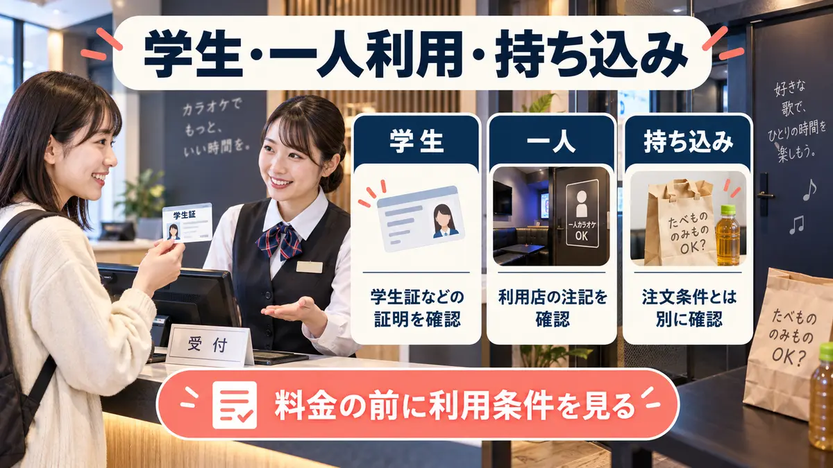 学生、一人利用、持ち込みの条件をカラオケ館で確認するイメージ