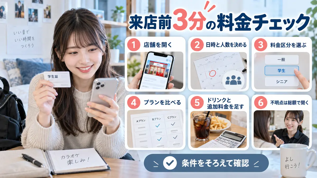 カラオケ館を予約する前に料金を確認するチェックリストのイメージ