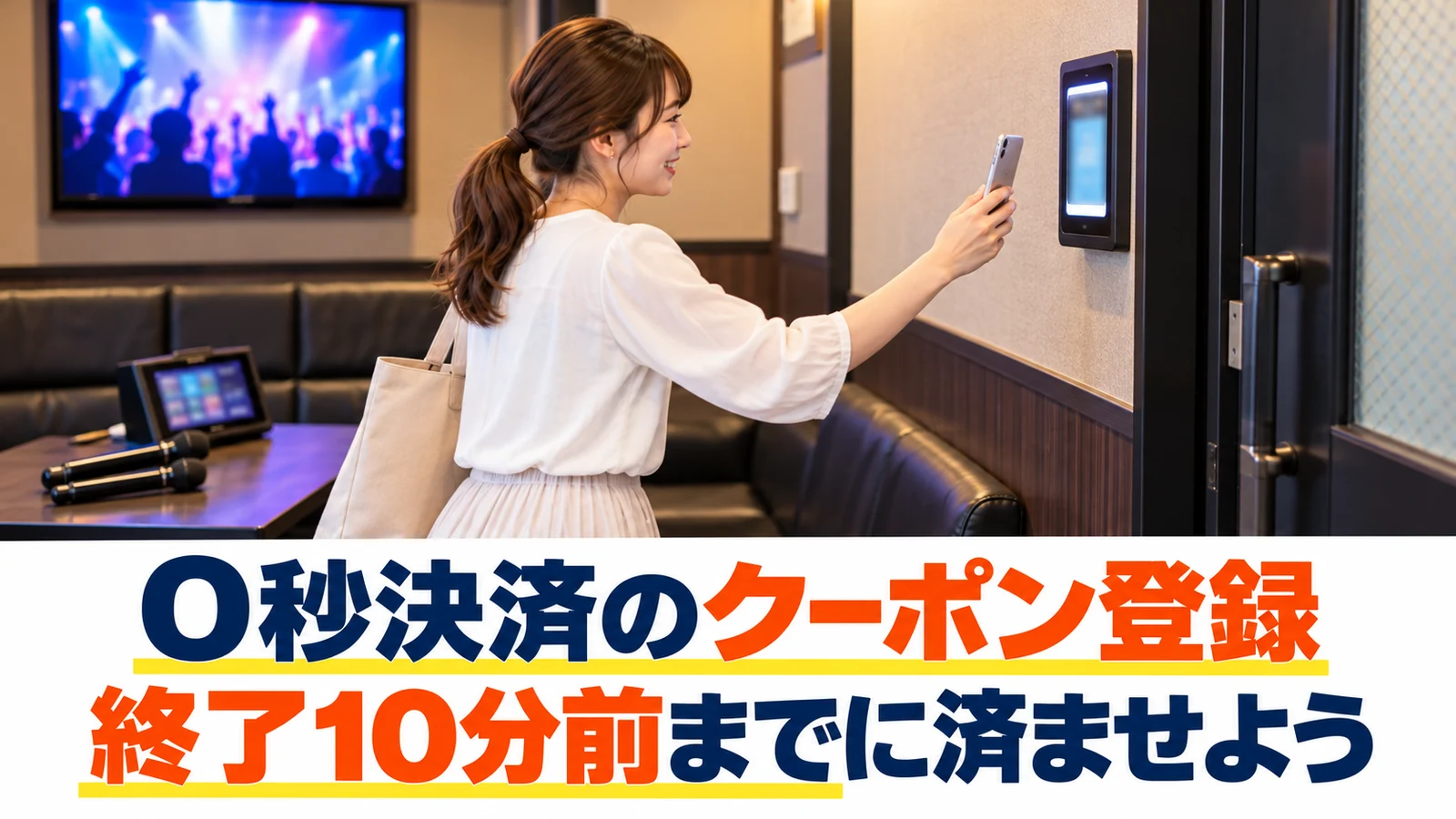 部屋の端末でクーポンの認証を行う女性