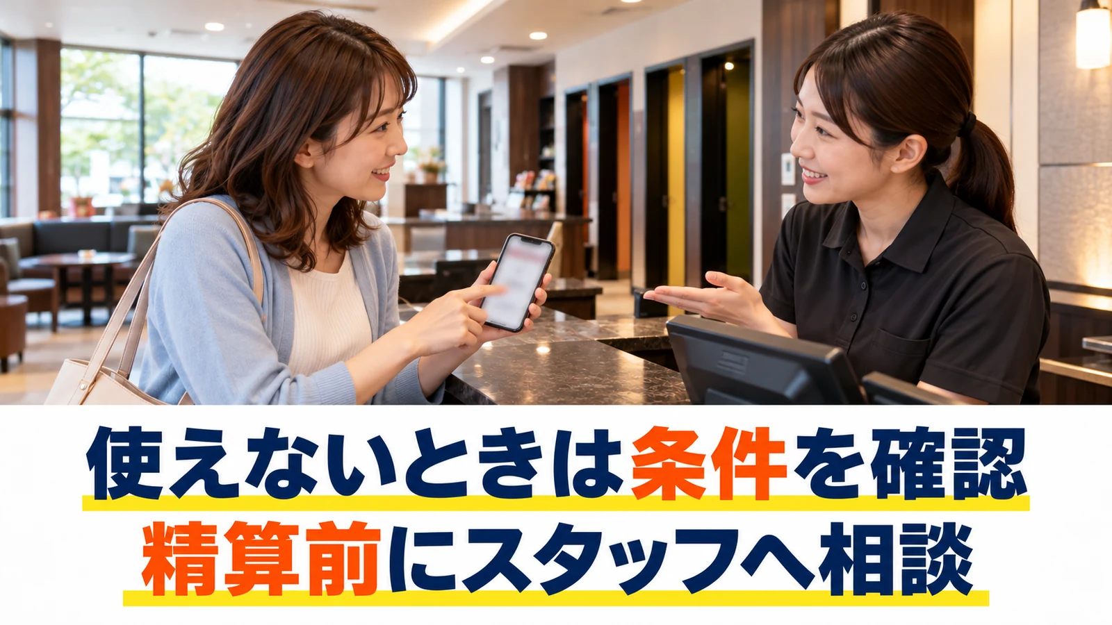 クーポンについて精算前にスタッフへ相談する女性