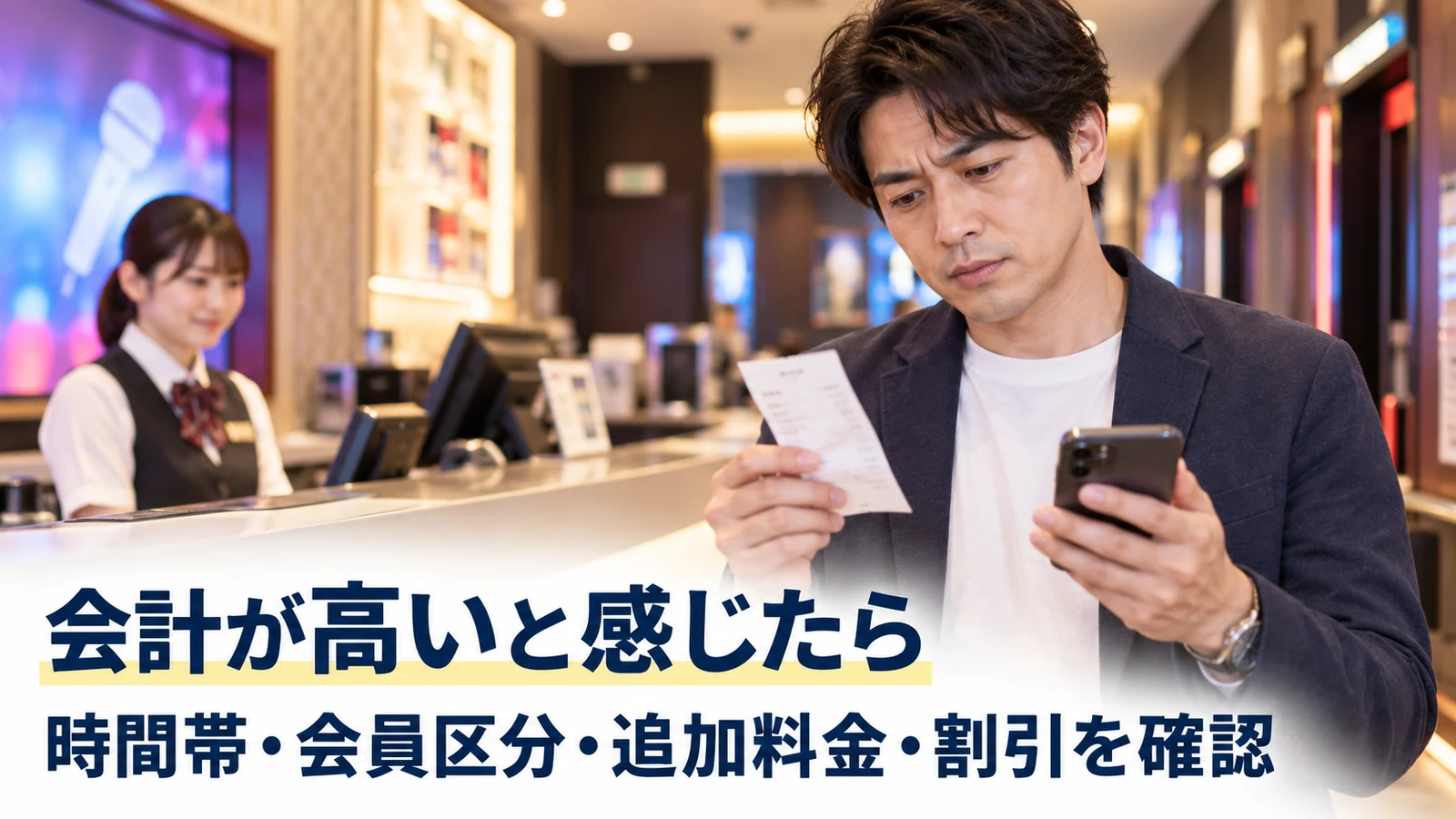 レシートとスマートフォンを見比べてカラオケ料金の内訳を確認する男性