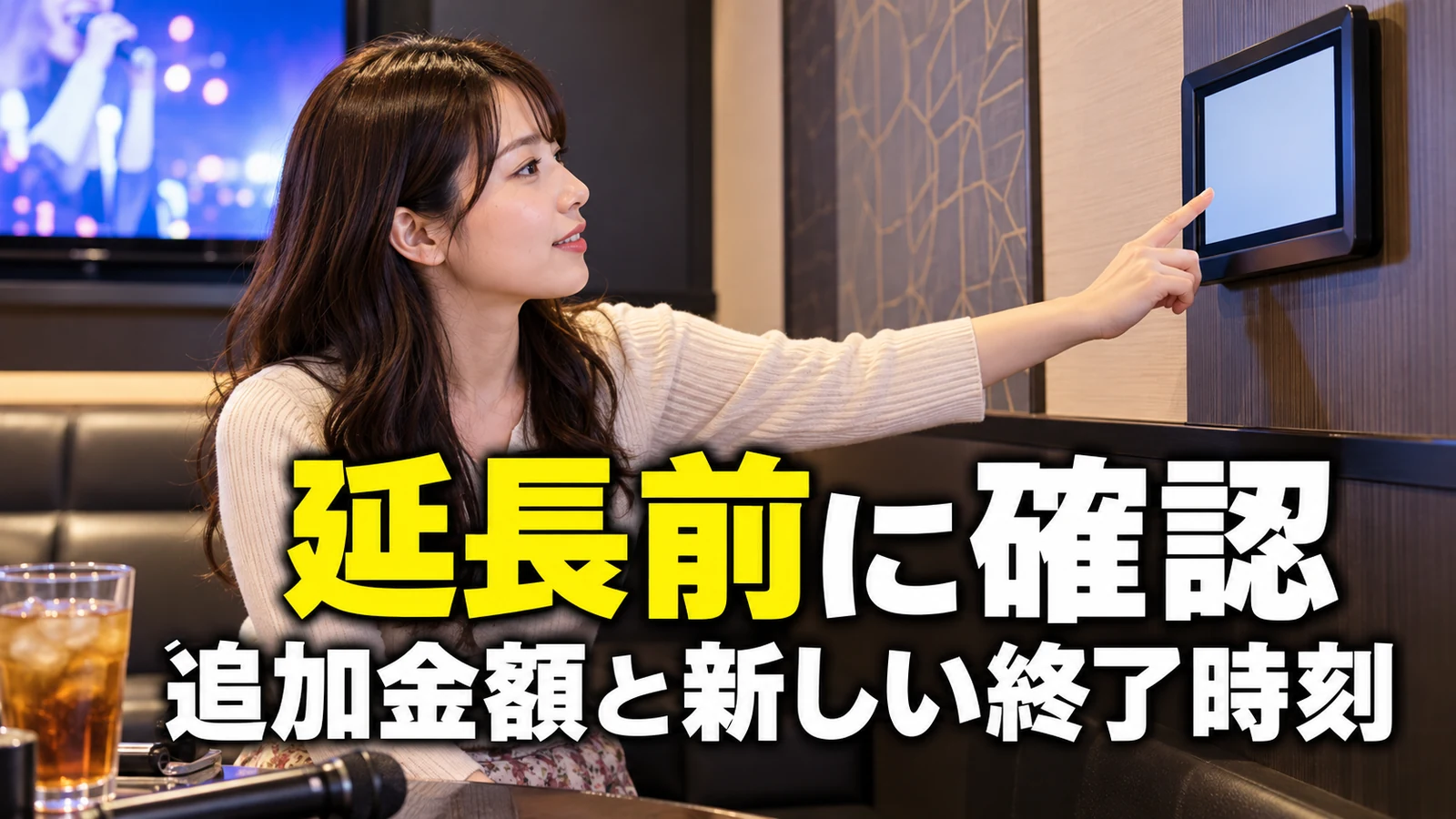 カラオケ個室のタッチ端末から延長の相談をする女性