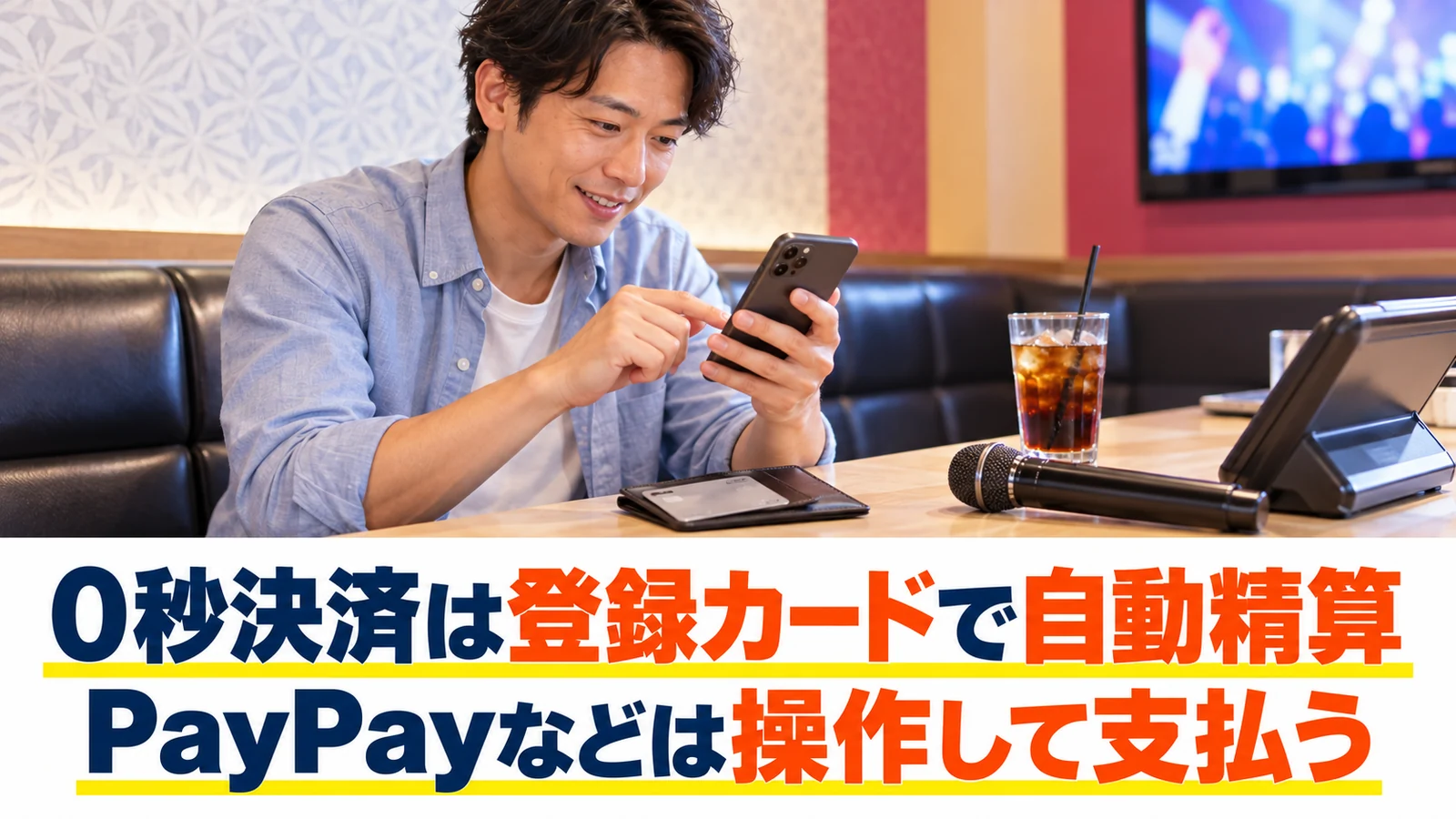 部屋でスマートフォンの決済操作を確認する男性