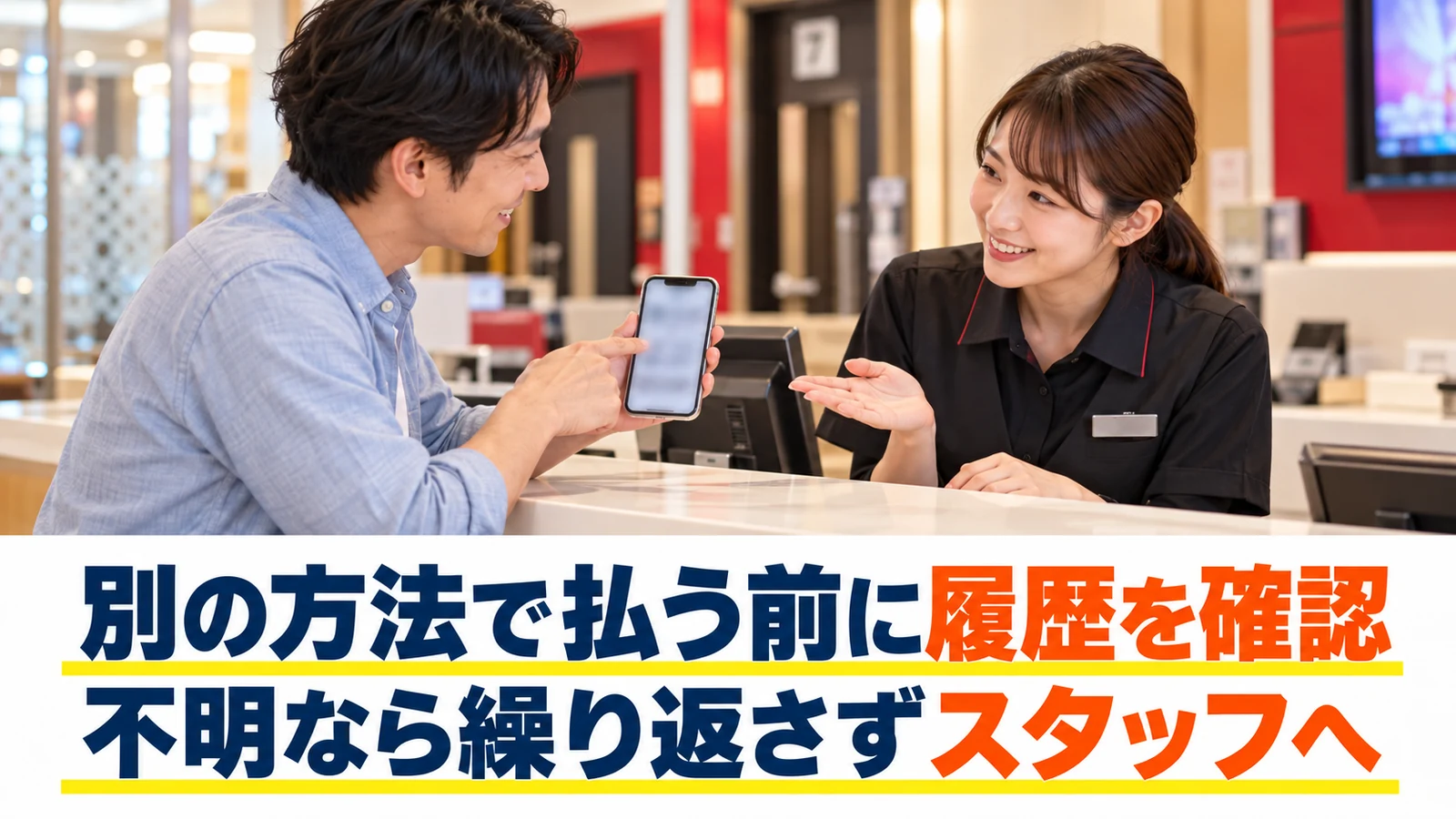 決済状況をスタッフに確認する男性