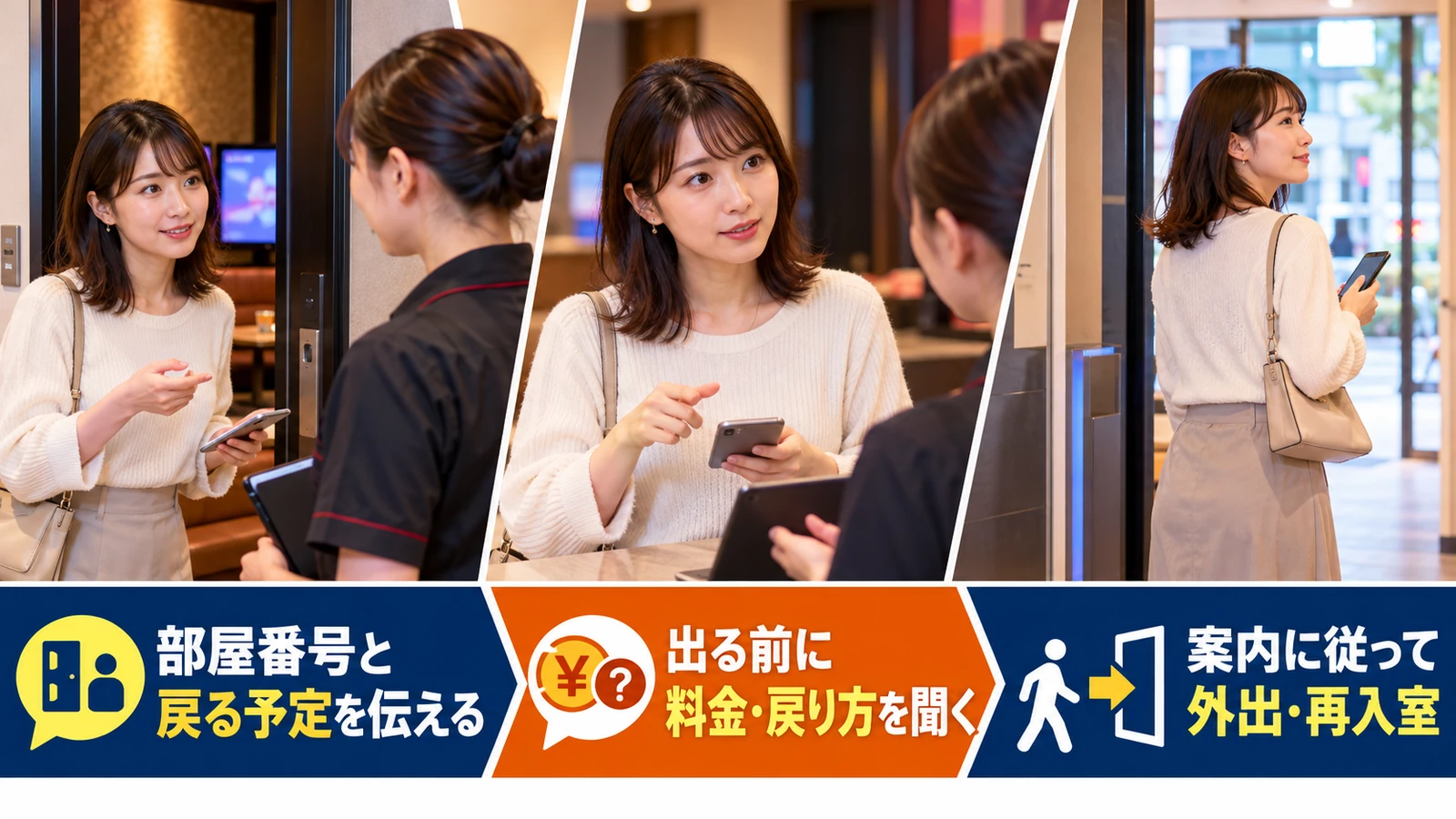 部屋の前で一時外出と再入室の方法を確認する女性
