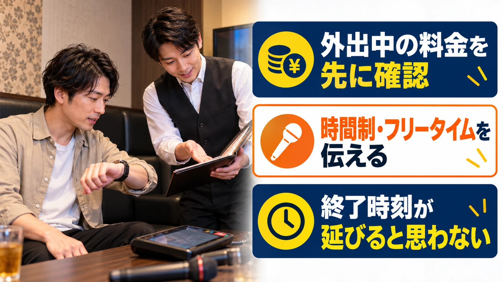利用プランと外出中の料金についてスタッフに確認する男性