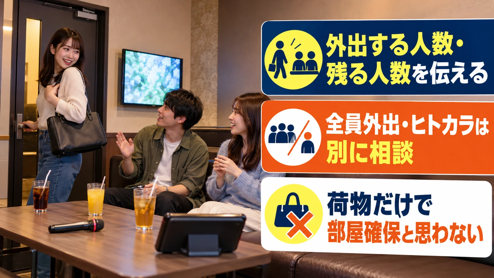部屋に残る人数と外出する人数を相談するカラオケ利用者