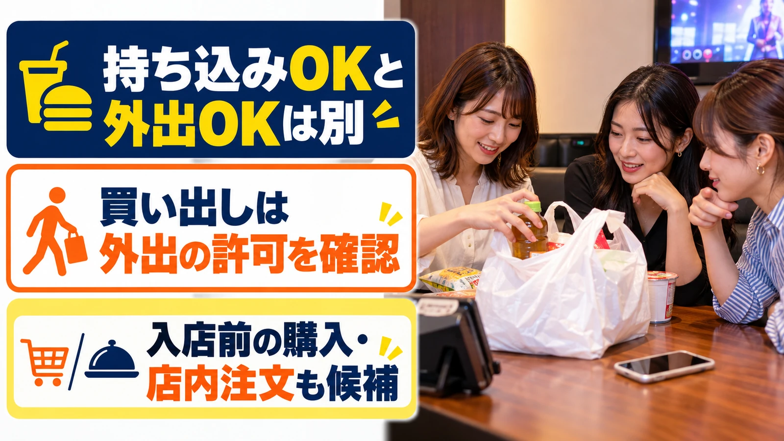 買い出しや持ち込みの方法を相談するカラオケ利用者