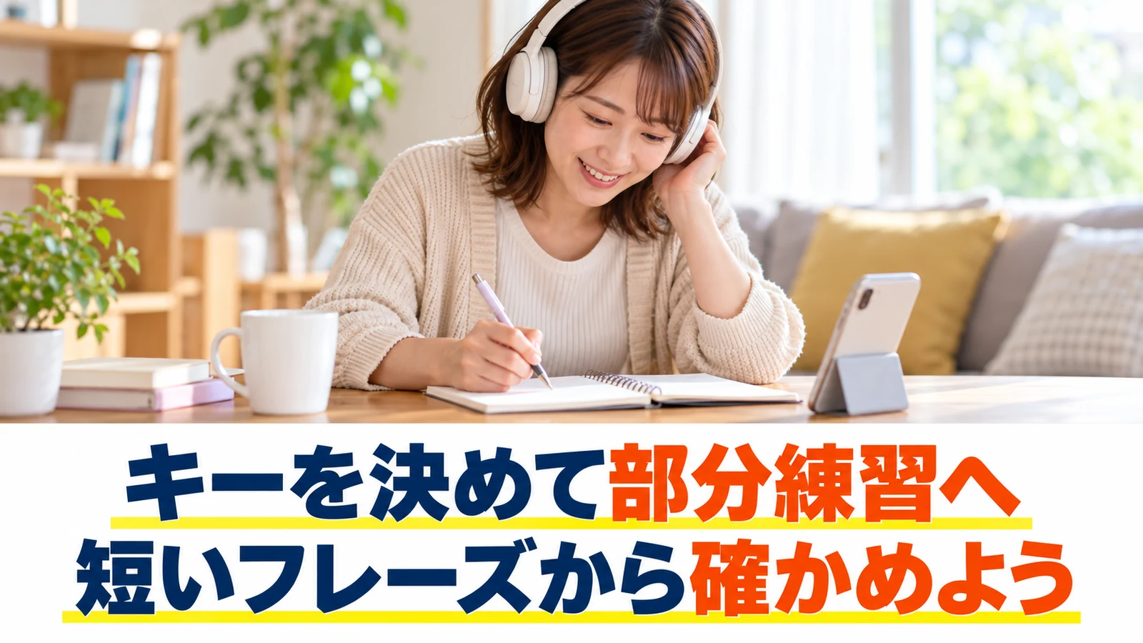 苦手なフレーズを聴き直す女性