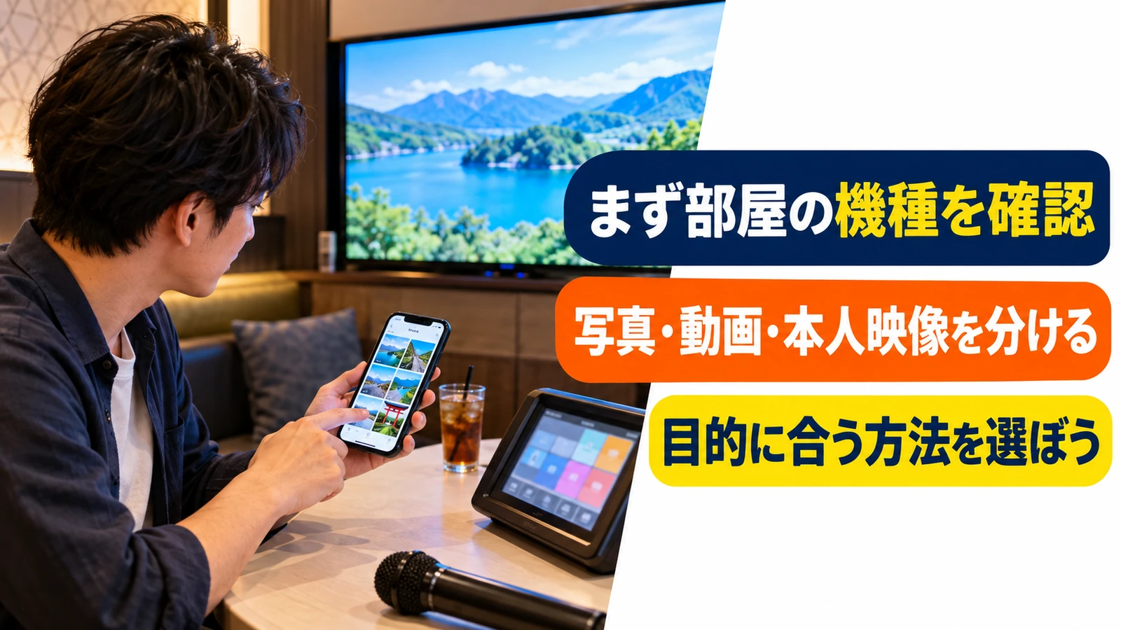カラオケ機器とスマホを確認して背景の方法を選ぶ男性