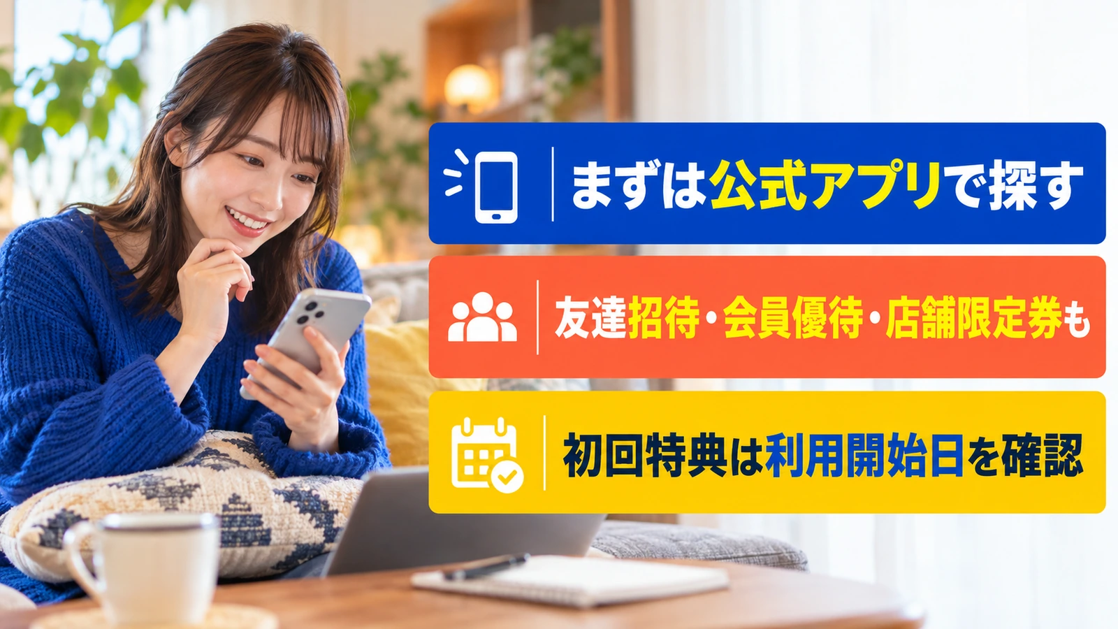 自宅でスマートフォンのクーポンを確認する女性