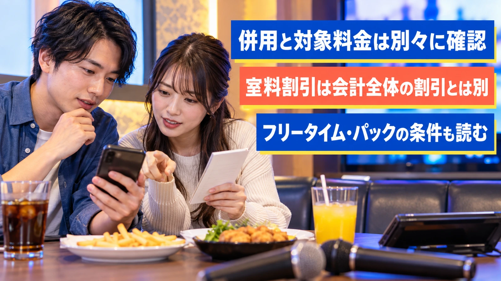 クーポンの対象料金を比較する男女