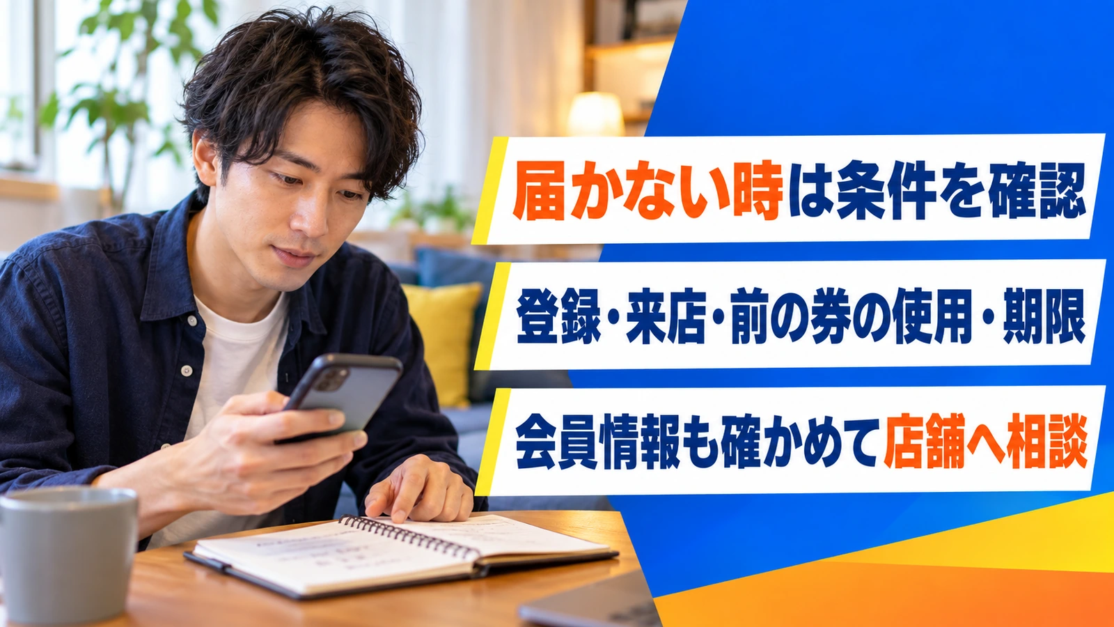 スマートフォンと来店メモを確認する男性