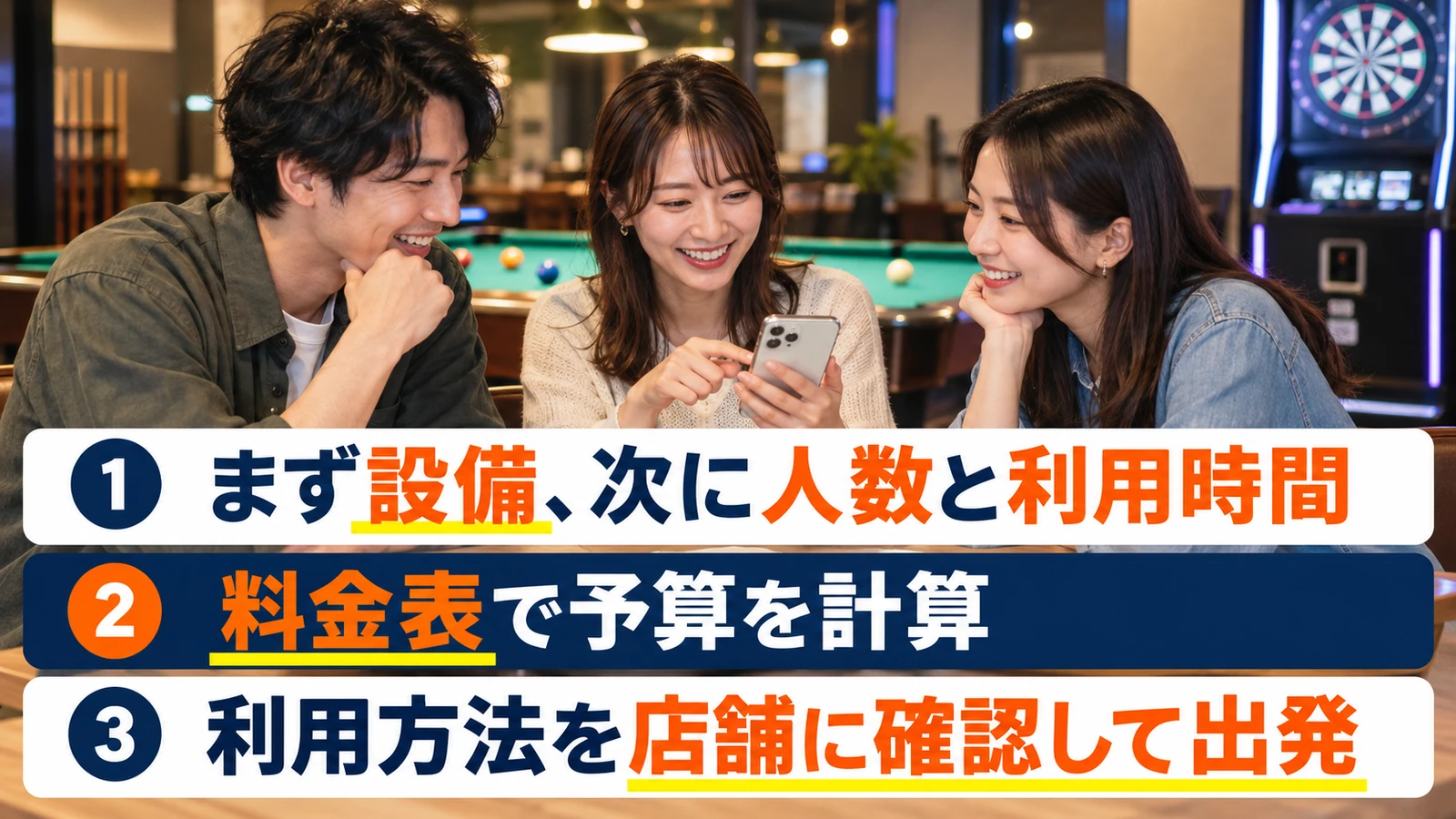 ダーツとビリヤードを楽しむ前に設備や人数と利用時間を確認する友人
