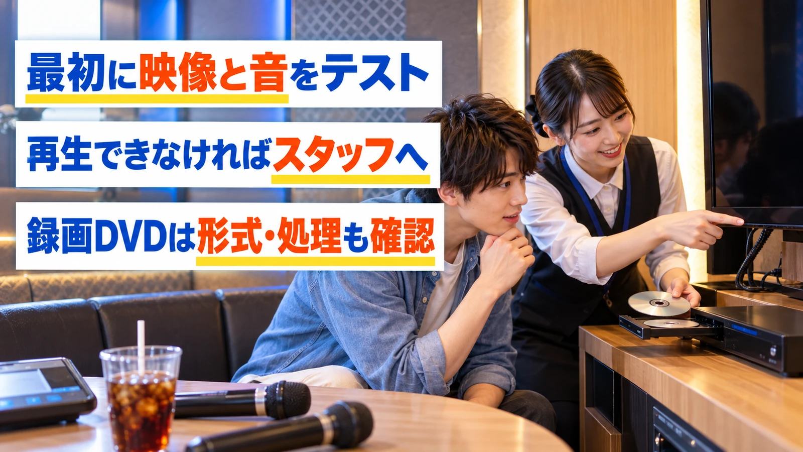 スタッフとDVDプレイヤーの再生状態を確認する男性