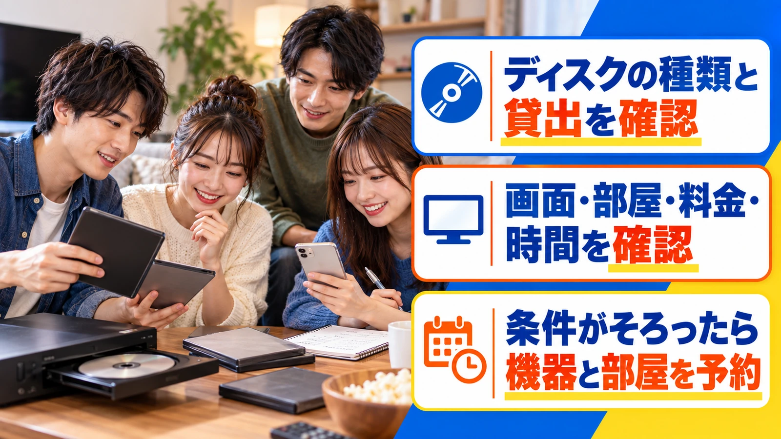 友人とDVD鑑賞会の予約条件を確認する様子
