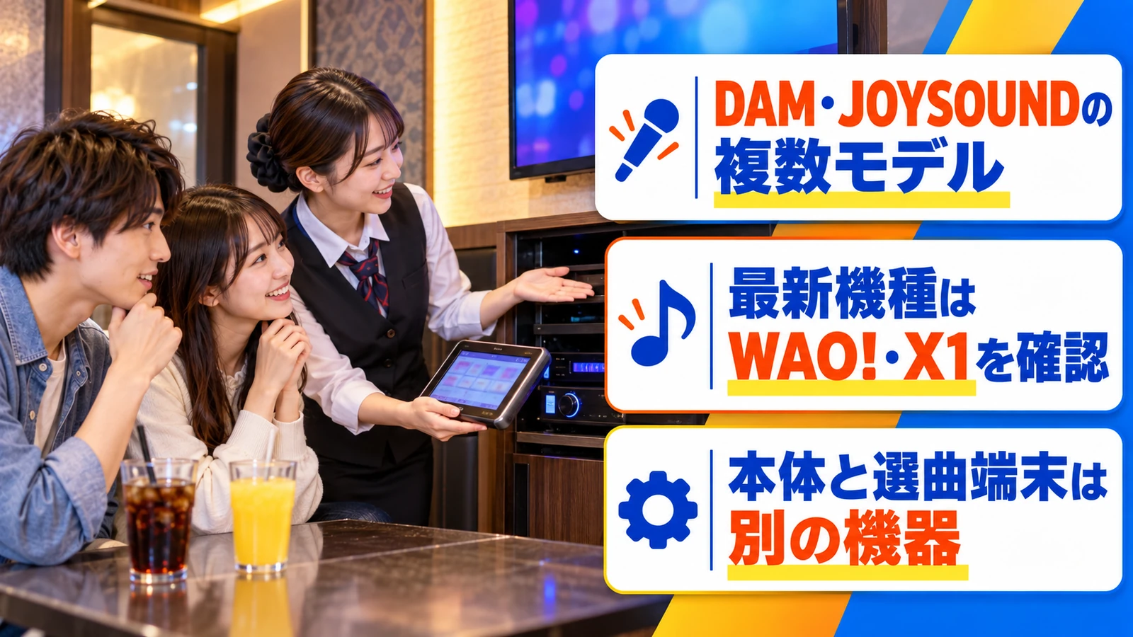 カラオケ本体と選曲端末について説明を聞く利用客