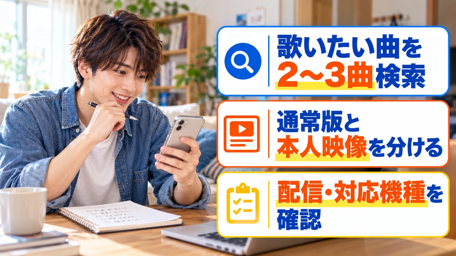 スマホで歌いたい曲の配信条件を調べる男性