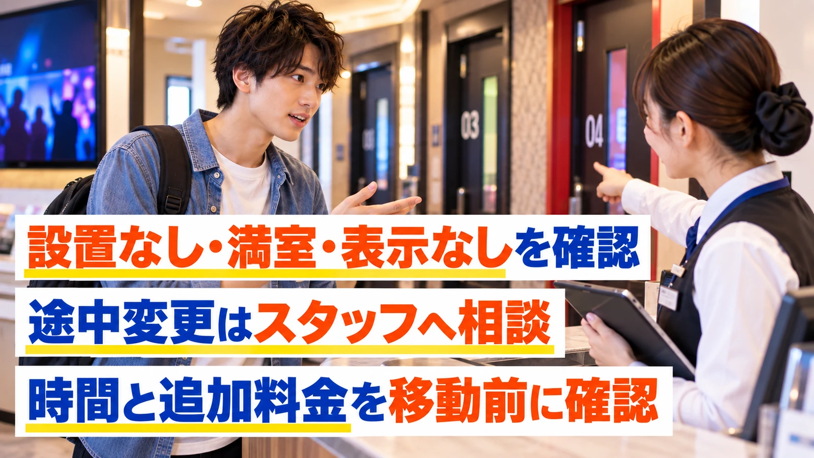 希望機種への部屋変更についてスタッフに相談する男性