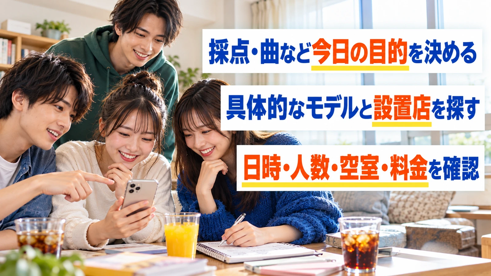 カラオケへ行く前に目的と予約条件を確認する友人