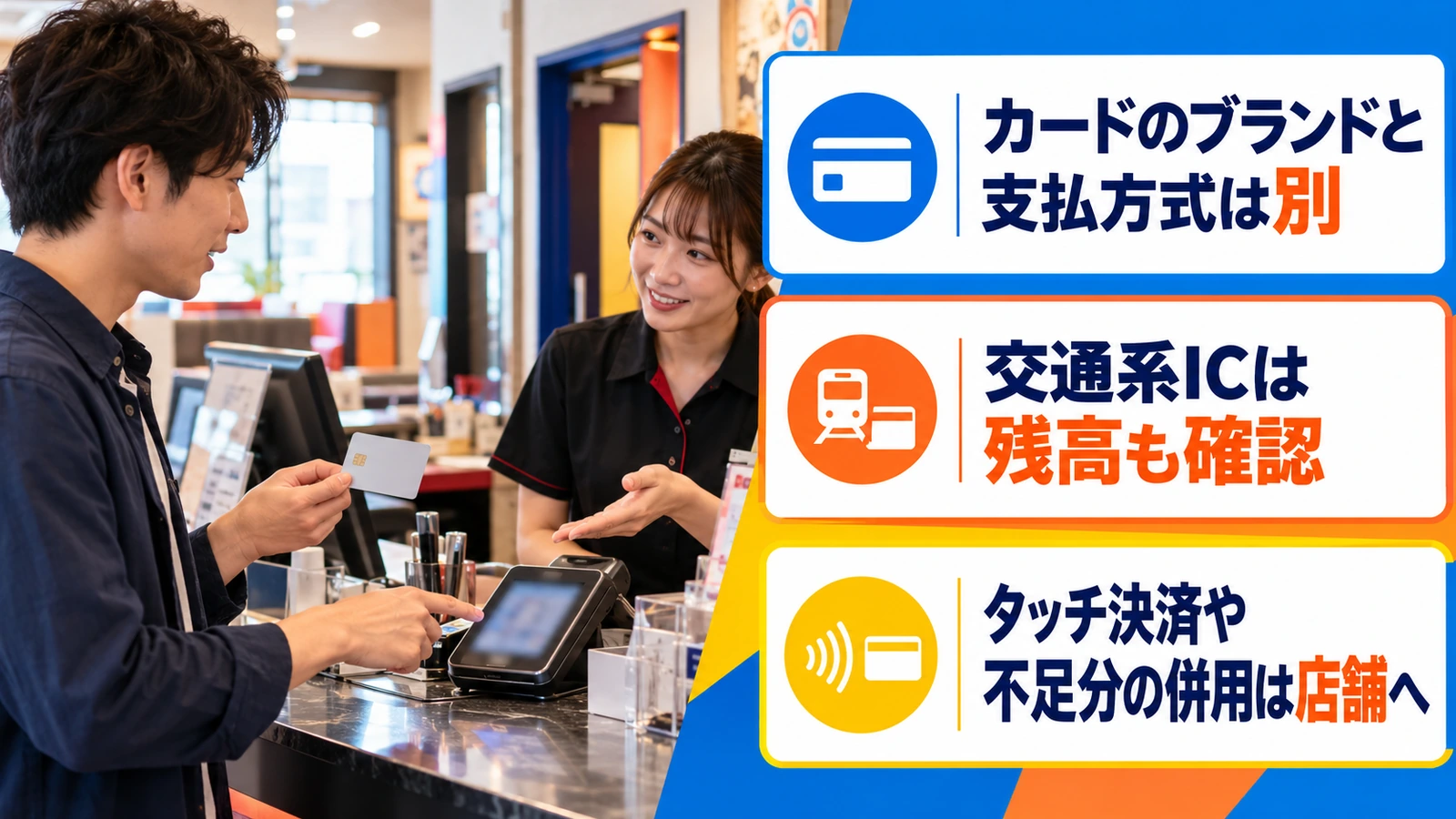 受付でカードの支払方式を相談する男性