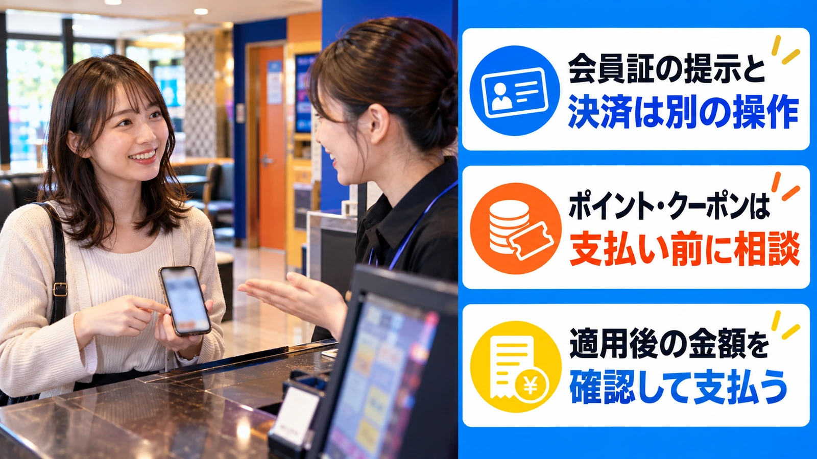 受付で会員証と特典を確認する女性