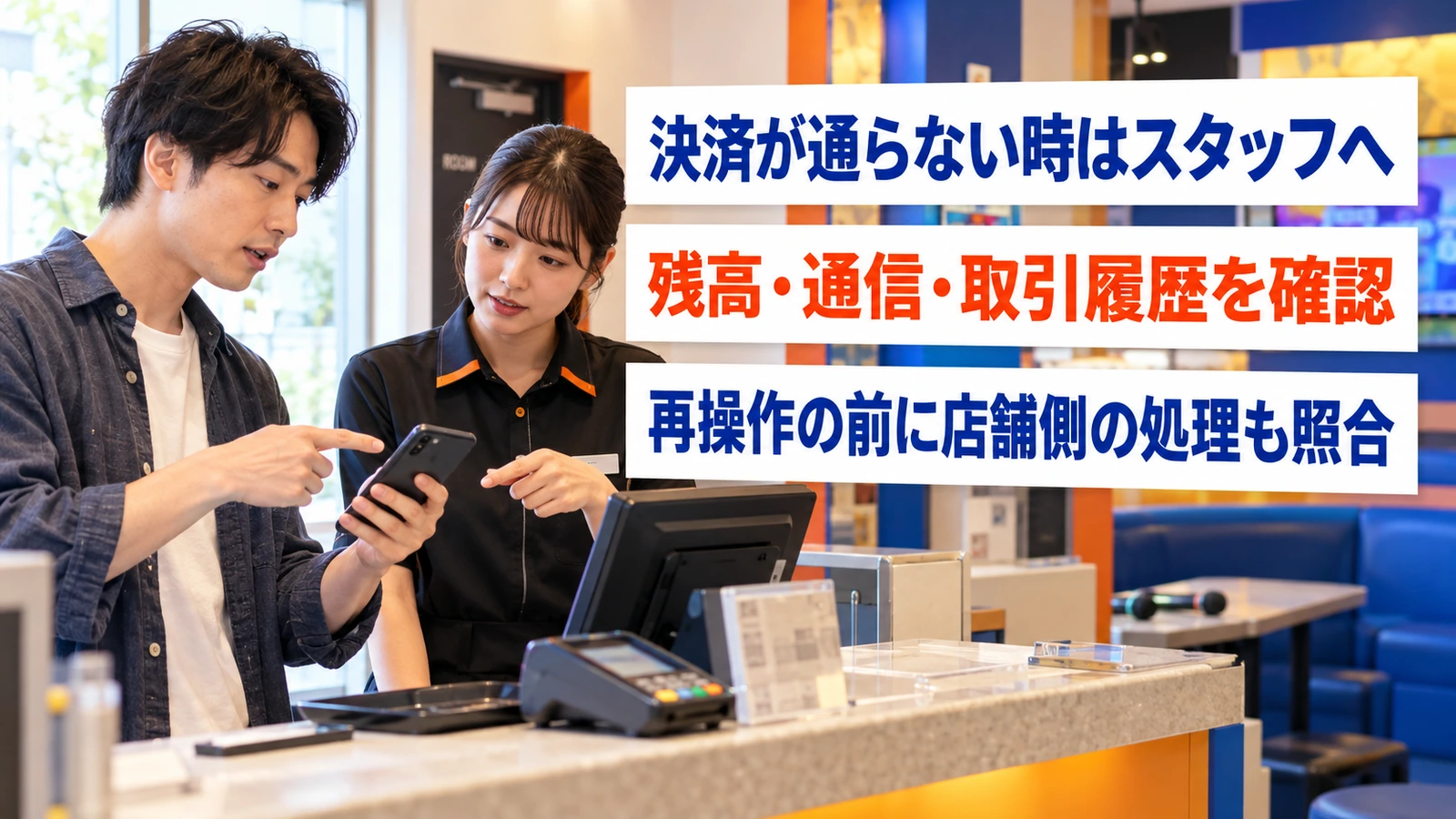 会計時に支払い結果を確認する男性