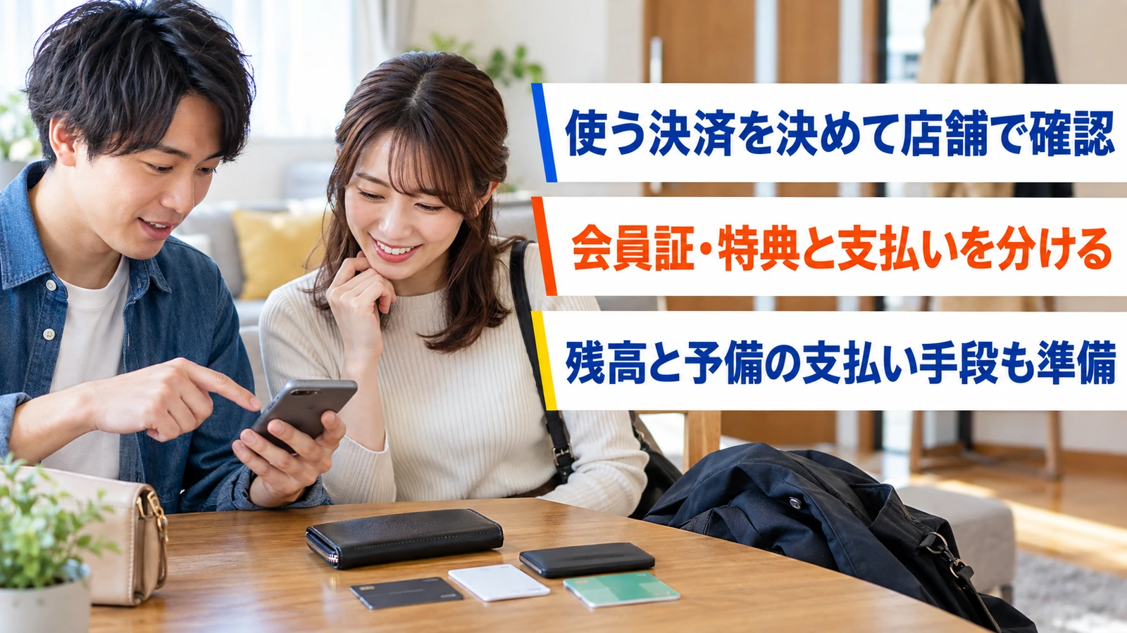 出かける前にスマートフォンと財布を確認する男女