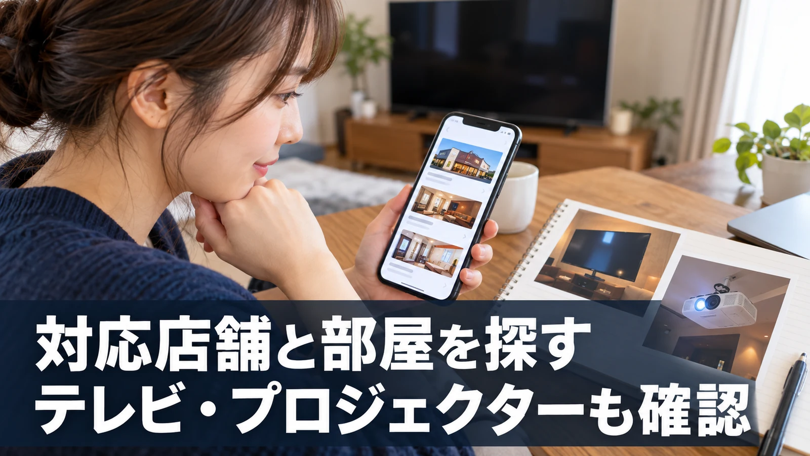 スマホで接続設備のあるカラオケ店舗を探す女性
