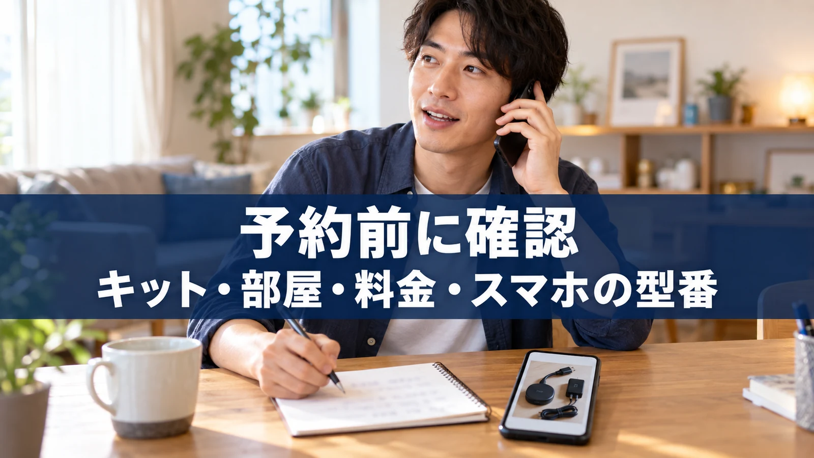 スマホの型番やキットの料金を電話で相談する男性
