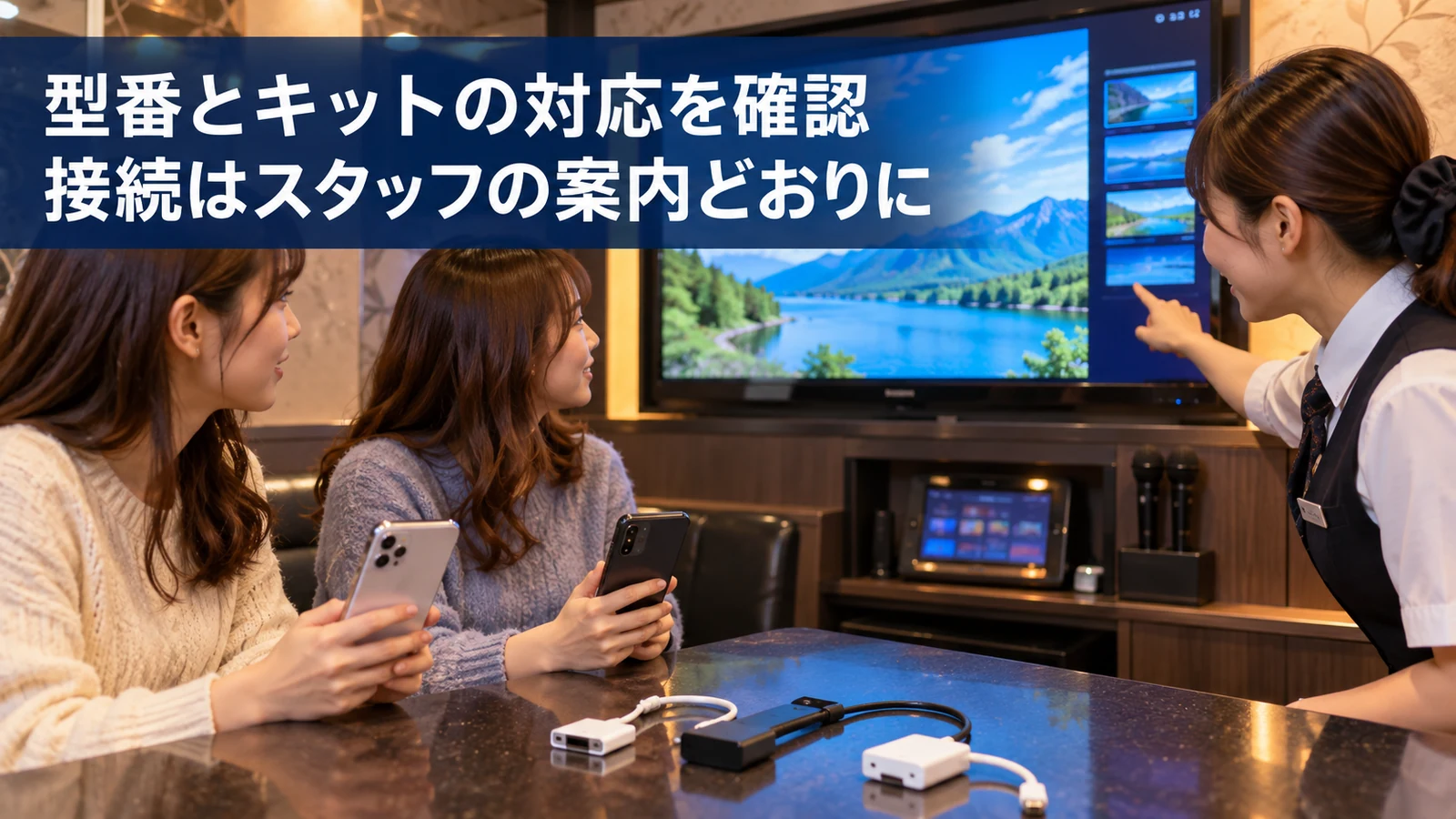 スマホと接続キットを確認しスタッフの説明を聞く様子
