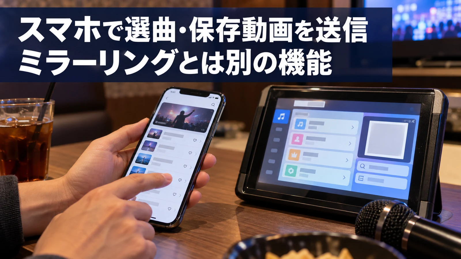 スマホの選曲アプリとカラオケリモコンを確認する手元