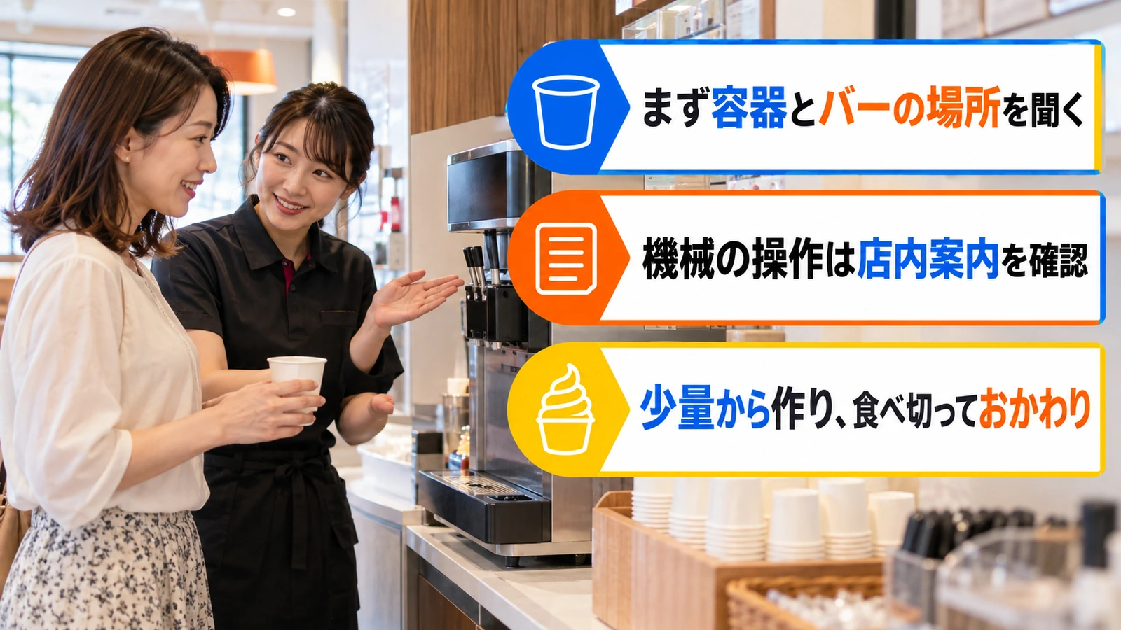 ソフトクリームバーで使い方を教わる女性