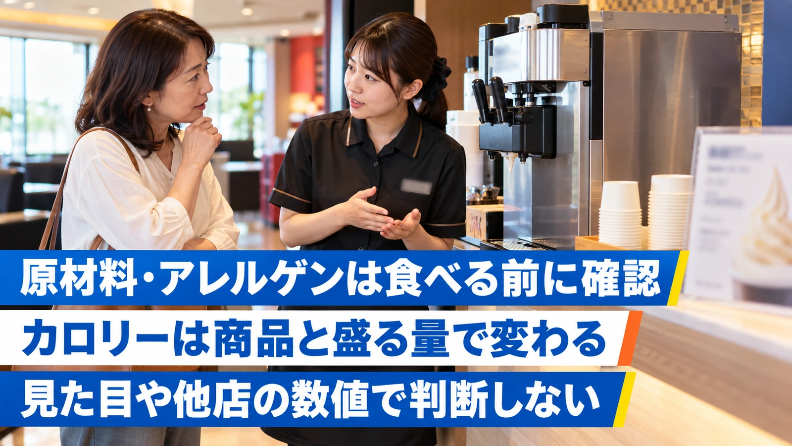 スタッフにソフトクリームの材料を質問する女性