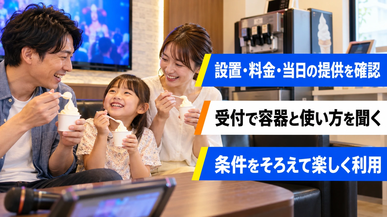 カラオケ個室でソフトクリームを楽しむ家族