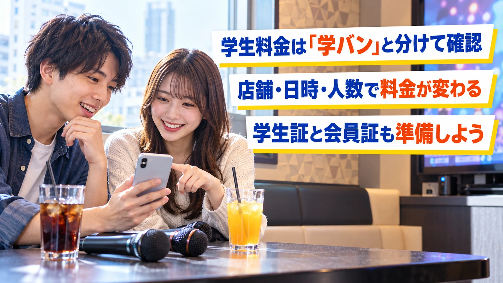 カラオケ個室で利用料金を相談する学生