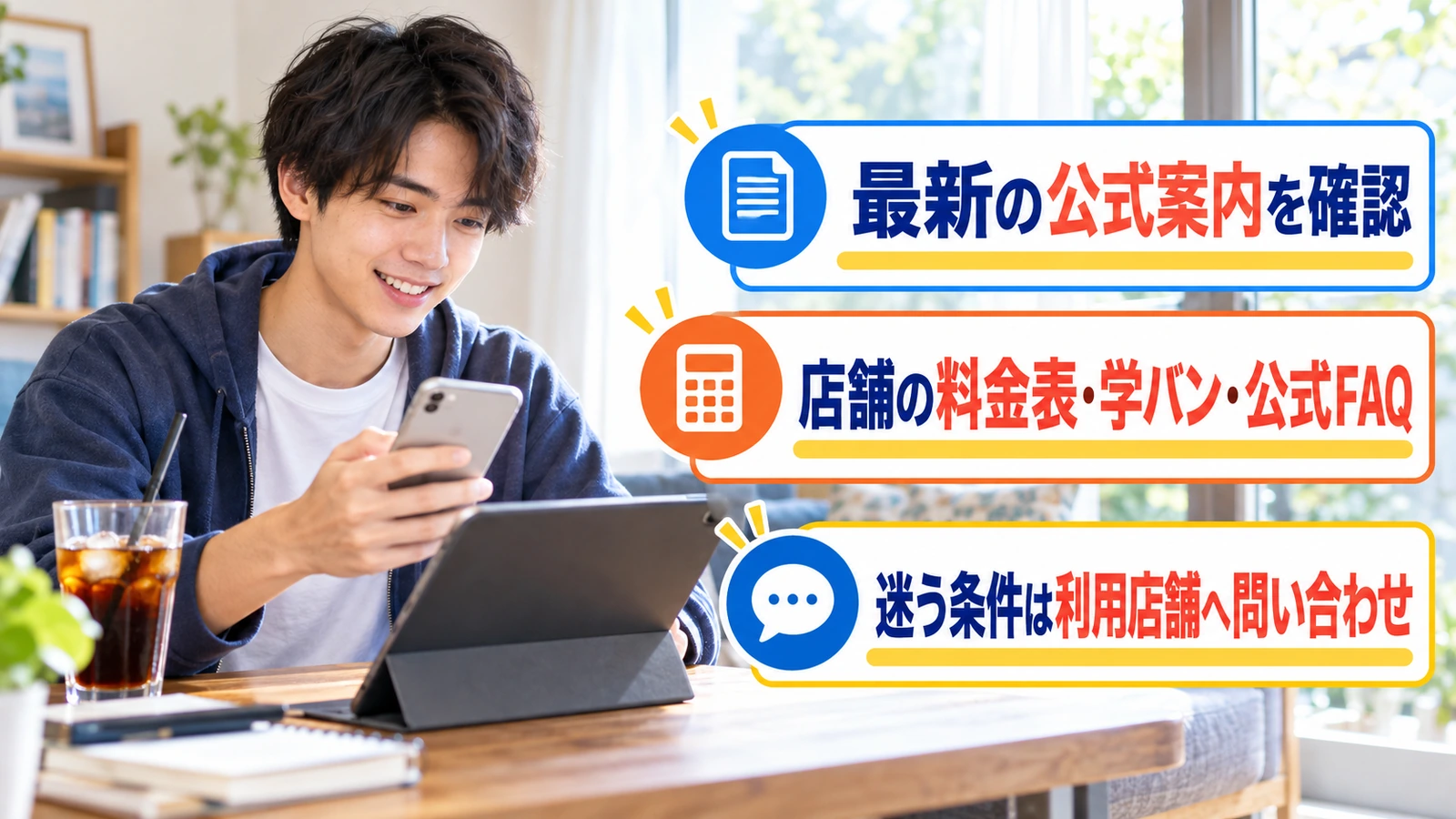 タブレットで公式の料金案内を調べる学生